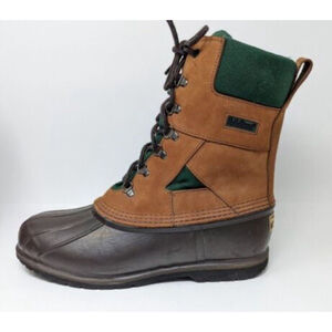 LL Bean Duck Boots Green Leather Brown Rubber Mens 7 Womens 9 Gorpcore Hiking